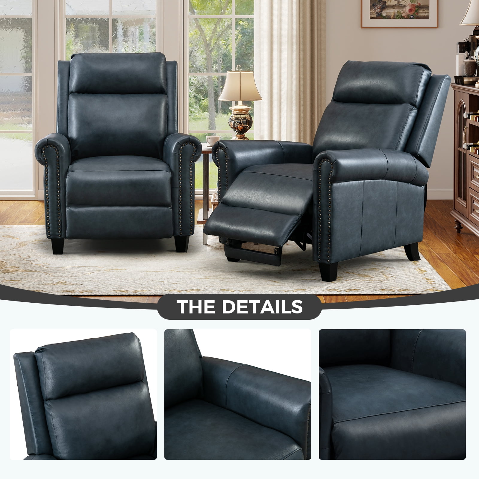 Bonzy Home Genuine leather Recliner Push Back Recline Chair with Classic and Traditional Armrests inlaid with Vintage Rivets, Navy, Set of 2