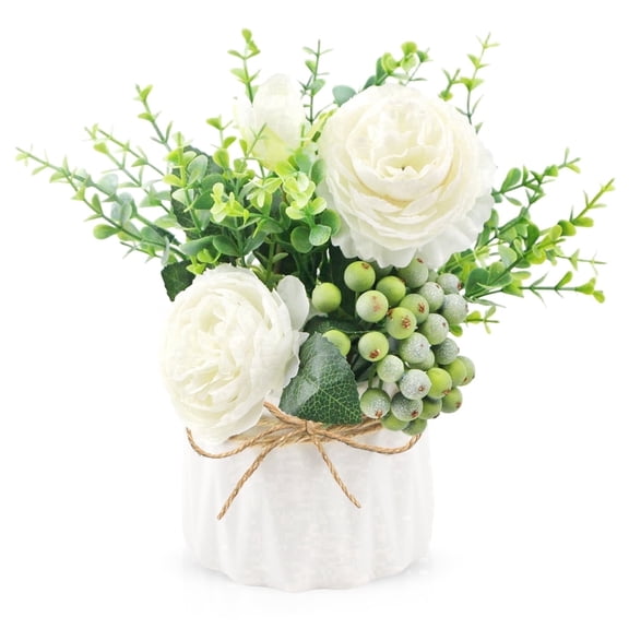 Silk Hydrangea and Eucalyptus Flower Arrangements with Vase, Artificial Flowers in Ceramic Vase for Home Dining Room Decor
