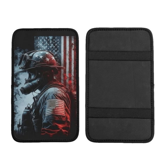 Fireman American Flag Car Armrest Cover Center Console Pad - Neoprene Cushion with Elastic Straps Universal Fit for Vehicles SUV