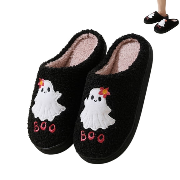 IEMIEMIEM Womens Halloween Slippers Ghost Print Bedroom Indoor Fluffy Warm Cute Funny Slipper Comfortable Cozy Slip on Plush Non Slip House Slippers Black