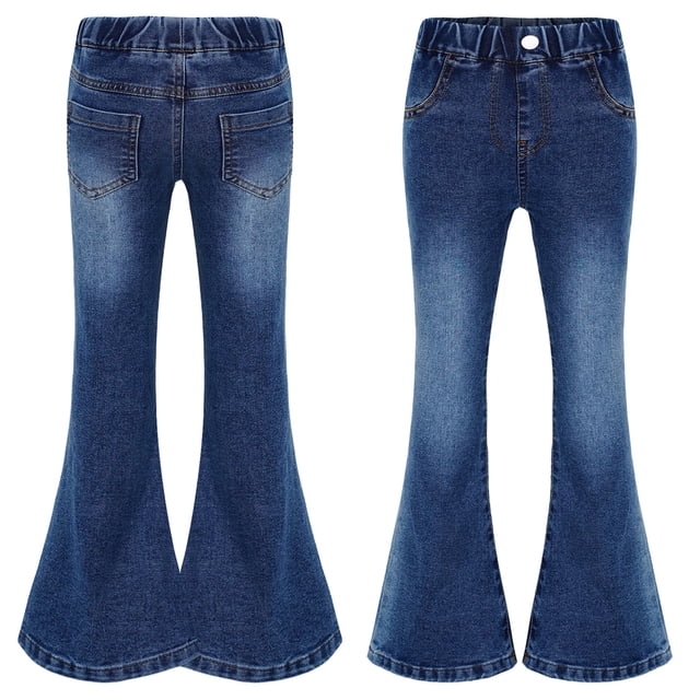 Linjinx Girl's Ripped Denim Jeans Ruffle Flare Pants Leggings High Waist Bell-Bottoms Distressed Trousers Blue 120