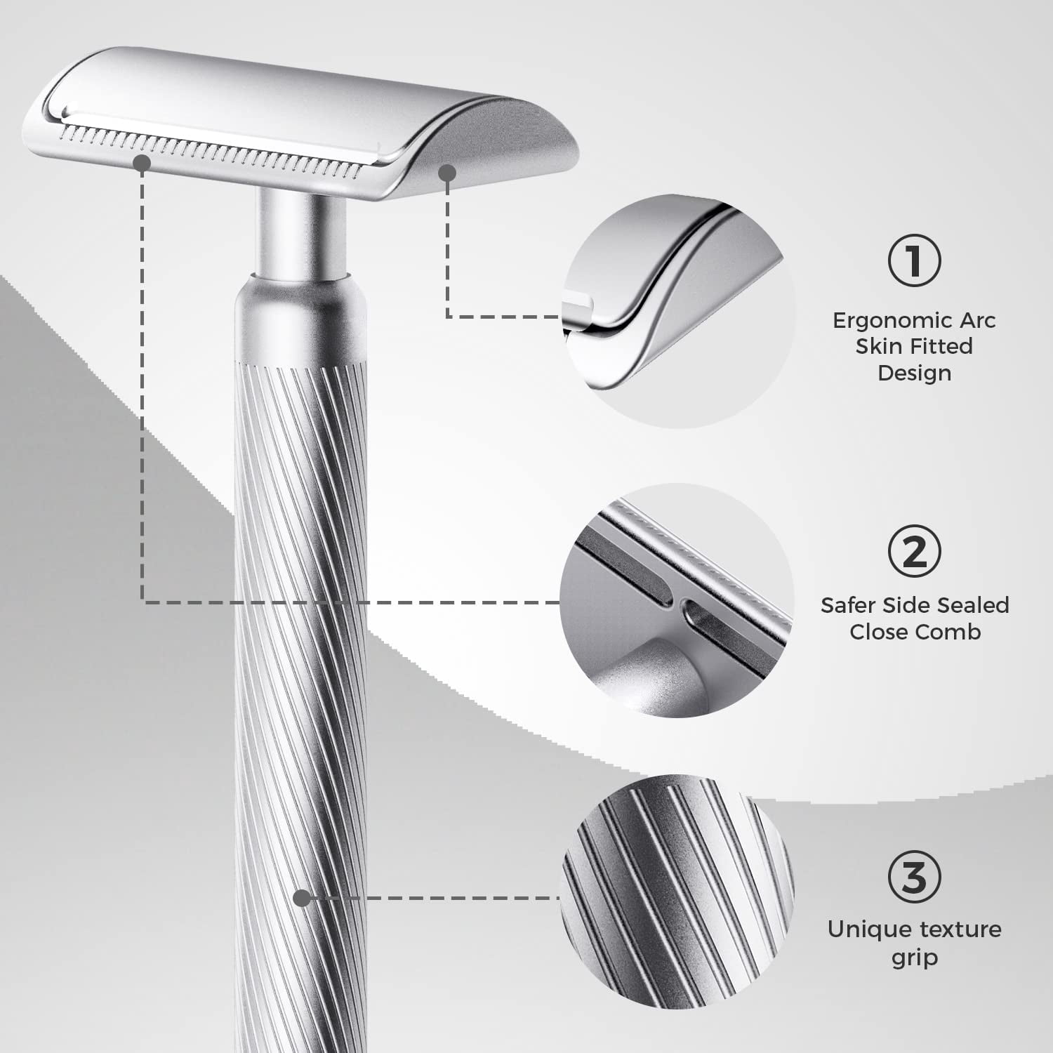 ZOMCHI Double Edge Safety Razor for Men & Women, Reusable Metal Razor with 10 Razor Blades, Single Blade Wet Shaving Razor-Noble Silver