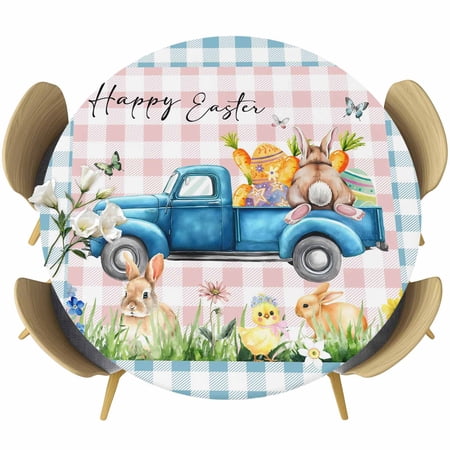 Blue Plaid Easter Round Tablecloth Fitted Table Cover with Elastic for 36 -44 Round Tables Truck Spring Floral Bunny Animals Table Cloth Outdoor Indoor Dinning Party Waterproof Tablecloths
