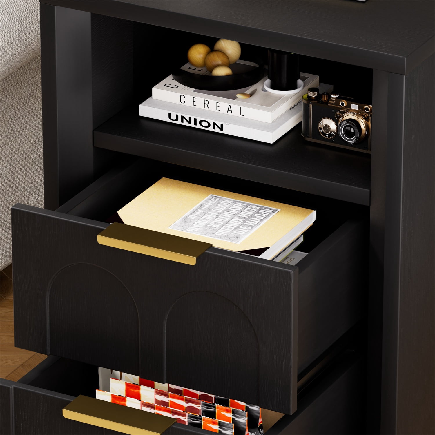 Hommoo 2-Pack Modern Nightstands with Built-in Type-C Charging Station, 2 Drawers & Open Shelf, Mid-Century Bedroom Side Tables for Bedroom, Living Room or Office, Black