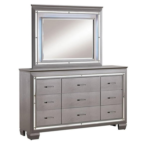 Furniture of America Rachel Wood 9-Drawer LED Dresser and Mirror in Silver
