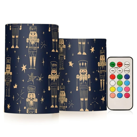 Gold Nutcracker Dark Blue Background Pattern Flickering Flameless Candles Battery Operated with Remote Timer LED Pillar Candles Set of 2