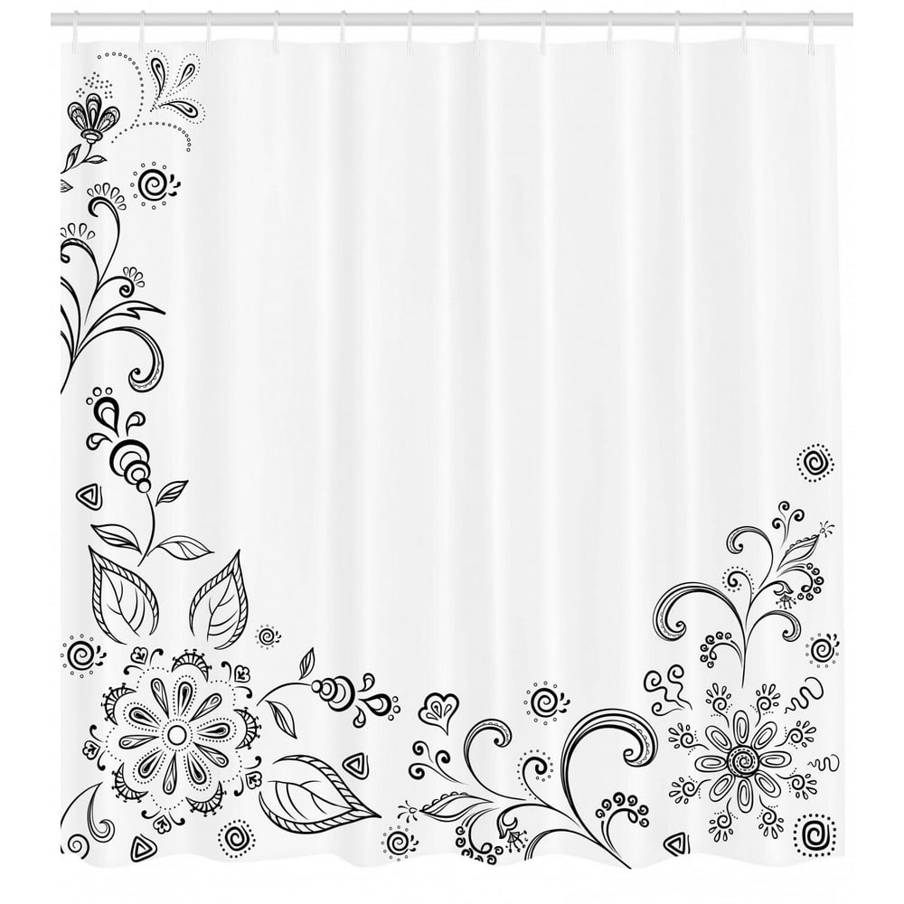 Black and White Shower Curtain, Monochrome Floral Framework Herbs Swirled Leaves Botanical