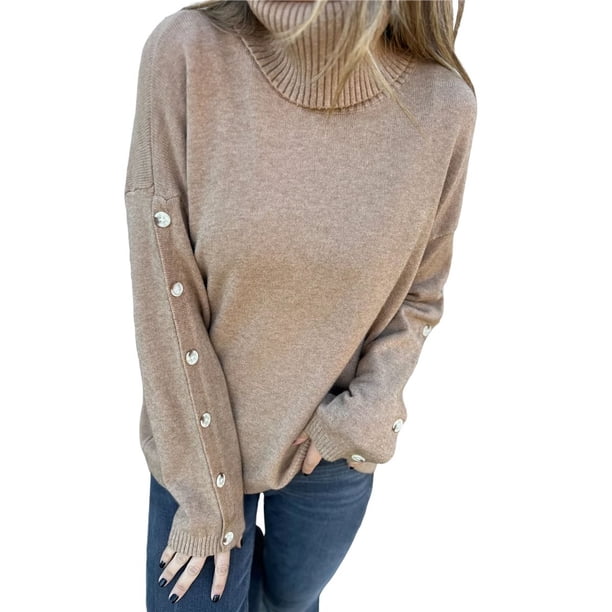 Suéter Holgado de Punto para Mujer, de Cuello Alto, Larga y Cuello Vuelto, de Invierno Caqui M