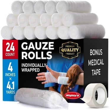 Premium Gauze Rolls - 24 pack - 4" x 4.1yd Individually Wrapped   Bonus Tape - First Aid Conforming Rolled Gauze