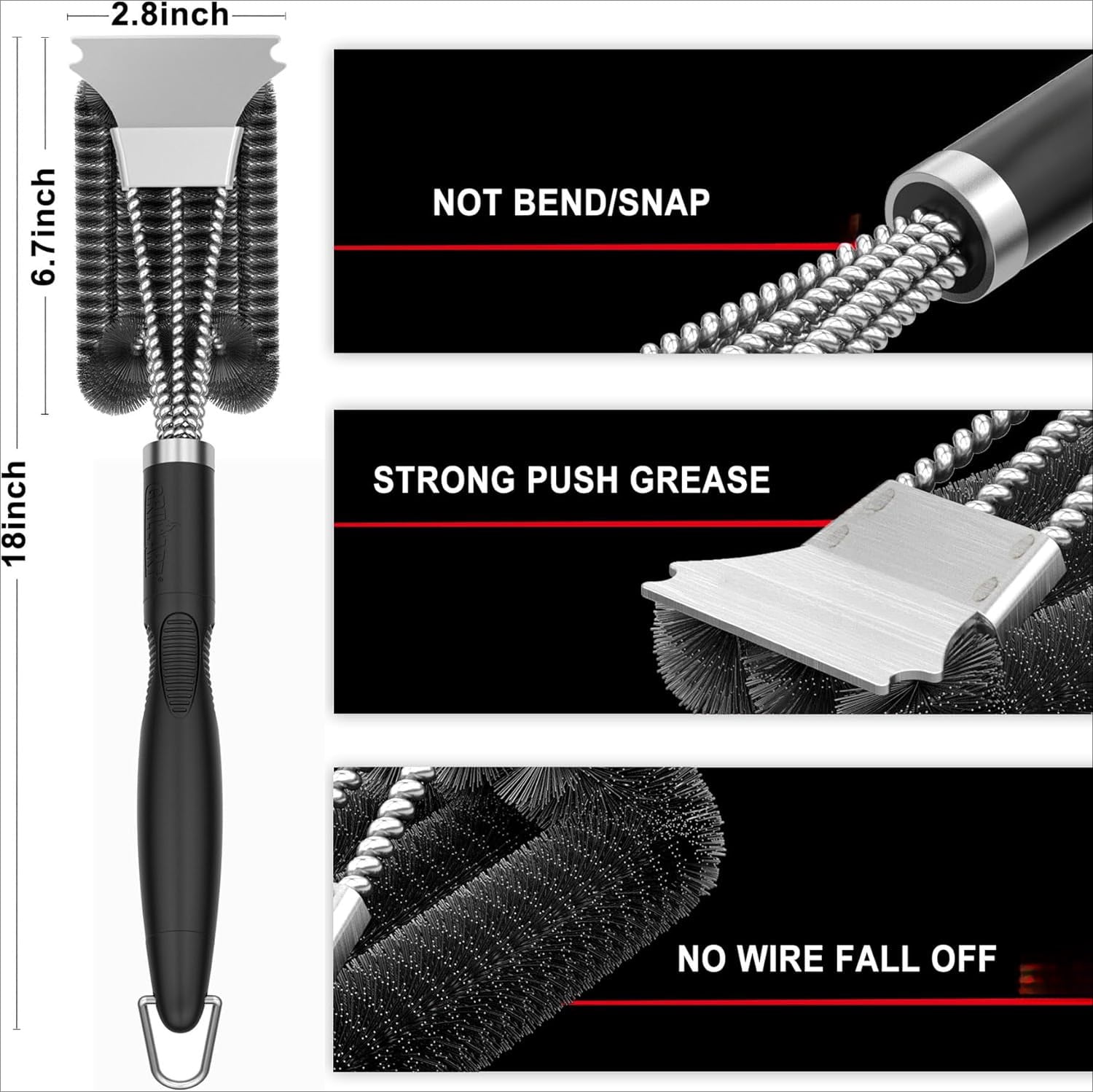 Grill Brush and Scraper, Extra Strong BBQ Cleaner Accessories, Safe Wire Bristles Barbecue Triple Scrubbers Cleaning Brush for Gas/Charcoal Grilling Grates, Wizard Tool BR-8115