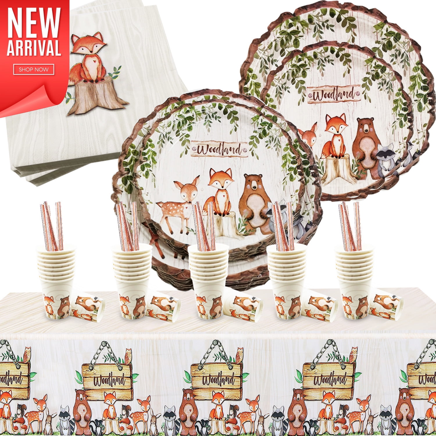Woodland Baby Shower Decorations Party Supplies , Forest Animal Friends Theme Party Supplies, Serve 24 Guests Paper Plates, Cups, Napkins, Tablecloth, Straws for Baby Shower and Birthday Party