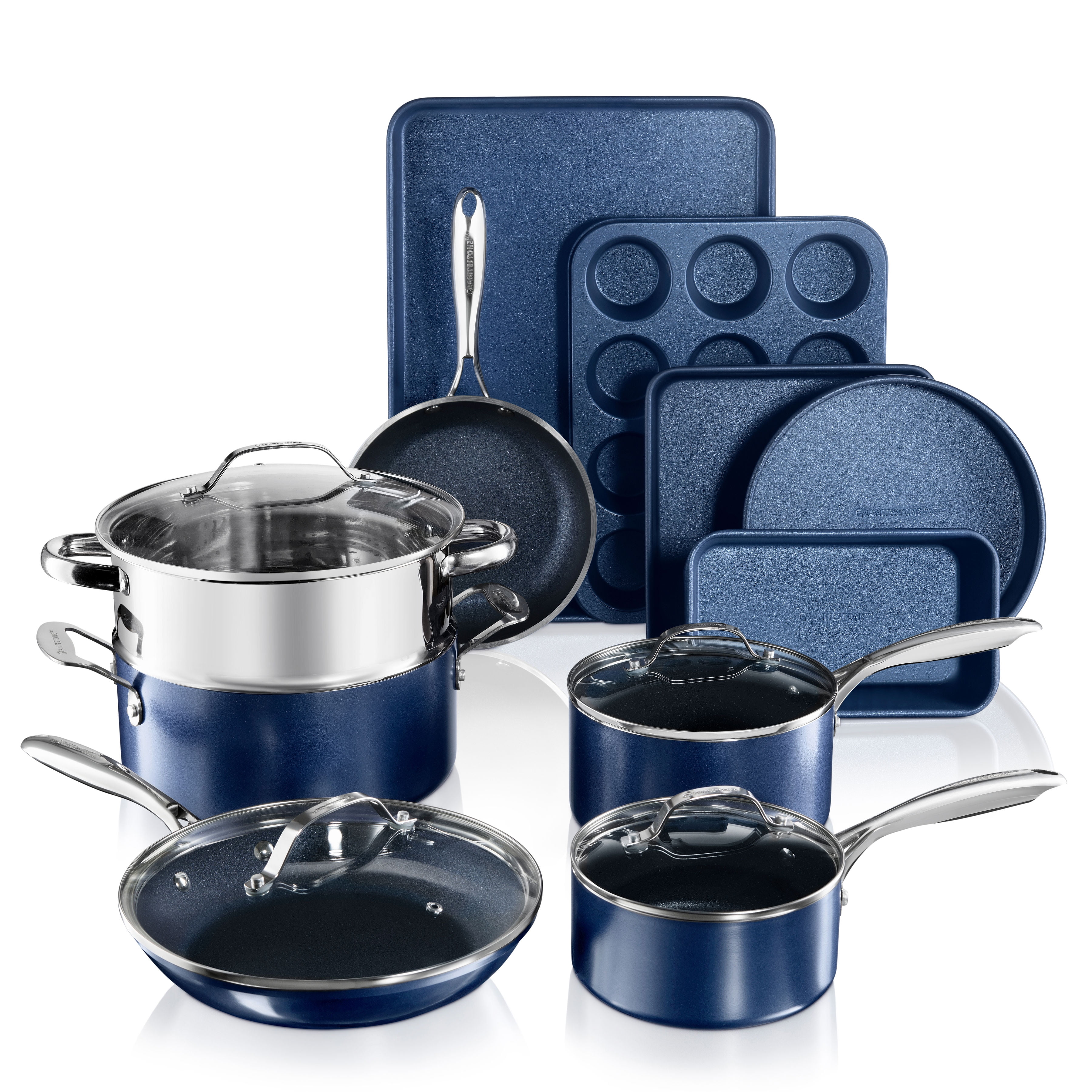 Granite Stone Classic Blue 15 Piece Pots and Pans Set, Ultra Nonstick Blue Diamond Stainless Steel Cookware