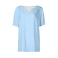 thumbnail image 3 of MIXUE Womens Summer Tops Summer Solid Color V Neck Buttons Short Sleeve Pullover Tshirts Outwear,Blue,XL, 3 of 4