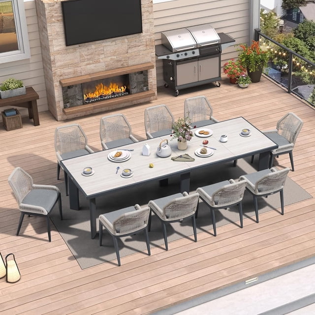 PURPLE LEAF 11 Pieces Modern Patio Dining Set, Rectangular Aluminum Outdoor Table and 10 All-Weather PE Rattan Chairs Set for Kitchen Porch and Garden, Grey