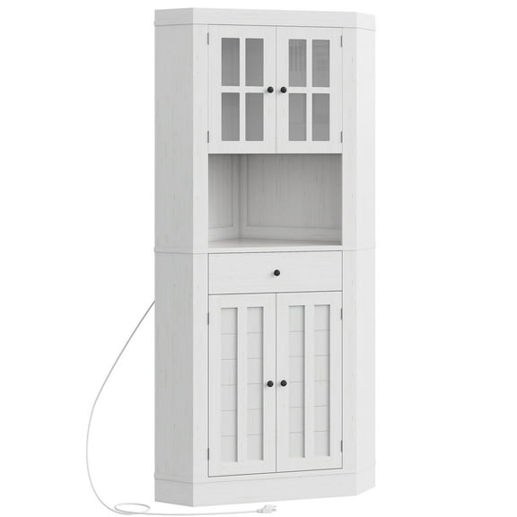 Tall Pantry Cabinet with Drawers and Adjustable Shelves, Farmhouse Corner Storage Cabinet with Glass Doors, Kitchen Sideboard with Power Outlets, for Kitchen, Living Room, Cloud White WT60UPC01