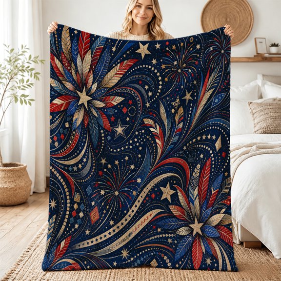 Verolix Patriotic Floral Fireworks Flannel Throw Blanket for Couch and Bed, Holiday Gift, 30" x 40"