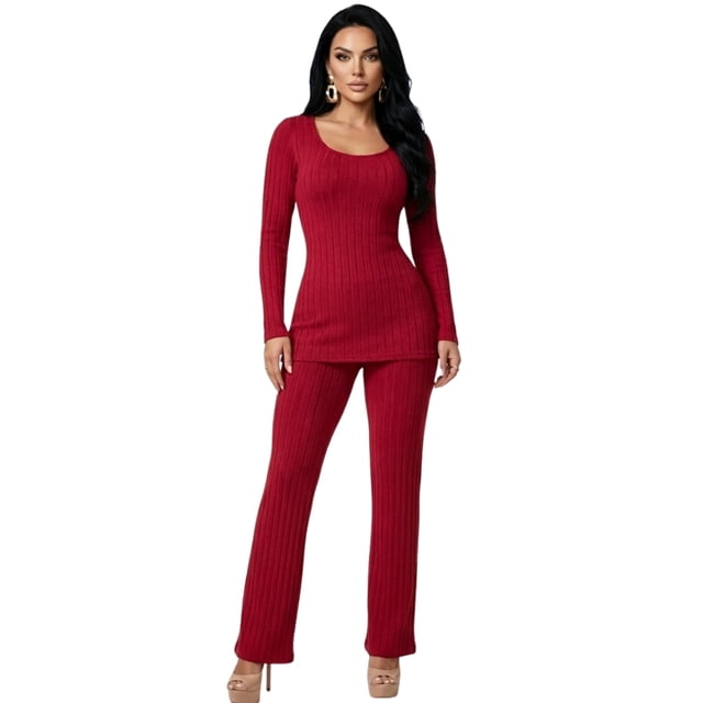 Conjunto de Suéter y Pantalón Acanalado Diseño Elegante y Versátil para Mujer
