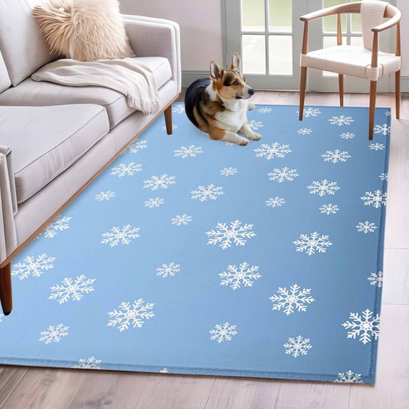 Christmas Blue Area Rug 3x5 Washable Rug Non Slip Xmas Snowflakes Winter Holiday Minimalist Large Area Rug Indoor Floor Carpet for Entryway Bedroom Kitchen Living Room Home Office Dining Room Nursery