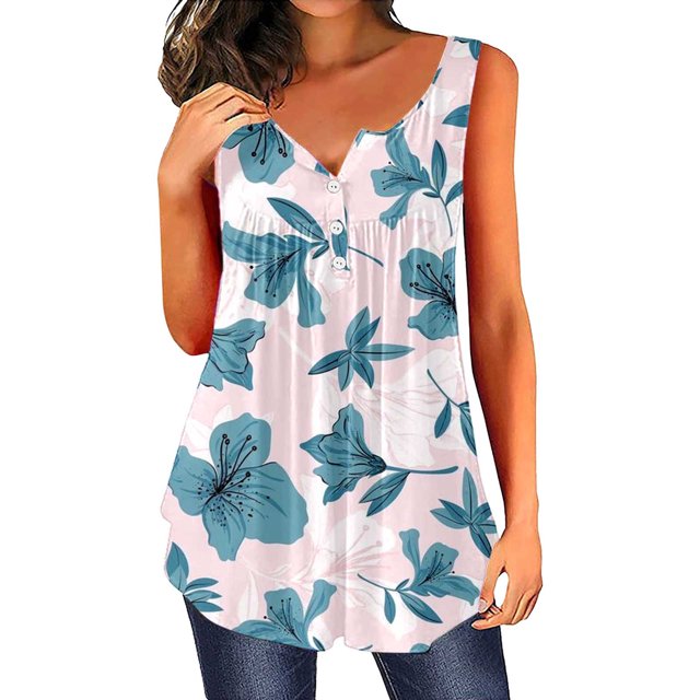 Gibobby Camiseta sin mangas con estampado floral y cuello en V con botón simple informal de verano para mujer(Rosa,CH)