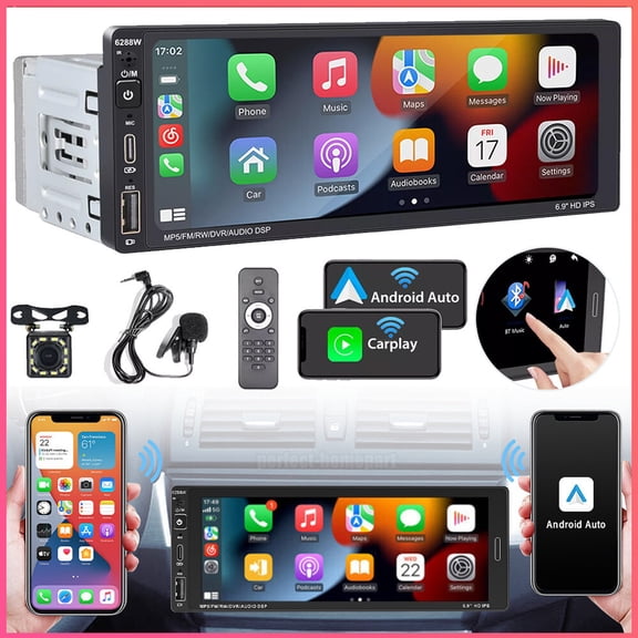 Single Din Car Stereo Wireless Apple CarPlay 6.9 Touchscreen Bluetooth Radio USB