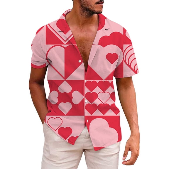BlankRift Mens Dress Shirt Lapel Valentines Shirt Short Sleeve Casual Relaxed Fit Tops Lightweight Mens Button Up Shirt Pink L