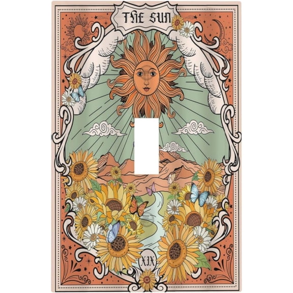 Tarot Boho Retro Sun Sunflower Green Mountain Floral Bohemian Moon Single Toggle Artistic Light Switch Covers Decorative 1 Gang Wall Plate Electrical Device Switchplate Faceplate for Country Bathroom
