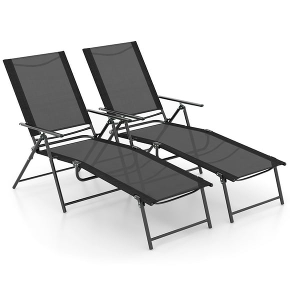 Costway Juego De 2 Tumbonas Para Exteriores, Reposeras Con Respaldo Y Reposapiés Ajustables, Reclinable Plegable Para Junto A La Piscina, Patio Trasero, Color Tostado/Negro/Gris