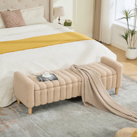 FFZ 63.4" Upholstered End of Bed Bench with Flip-Top Storage, Wave Channel Tufting, Solid Wood Legs, Wheat