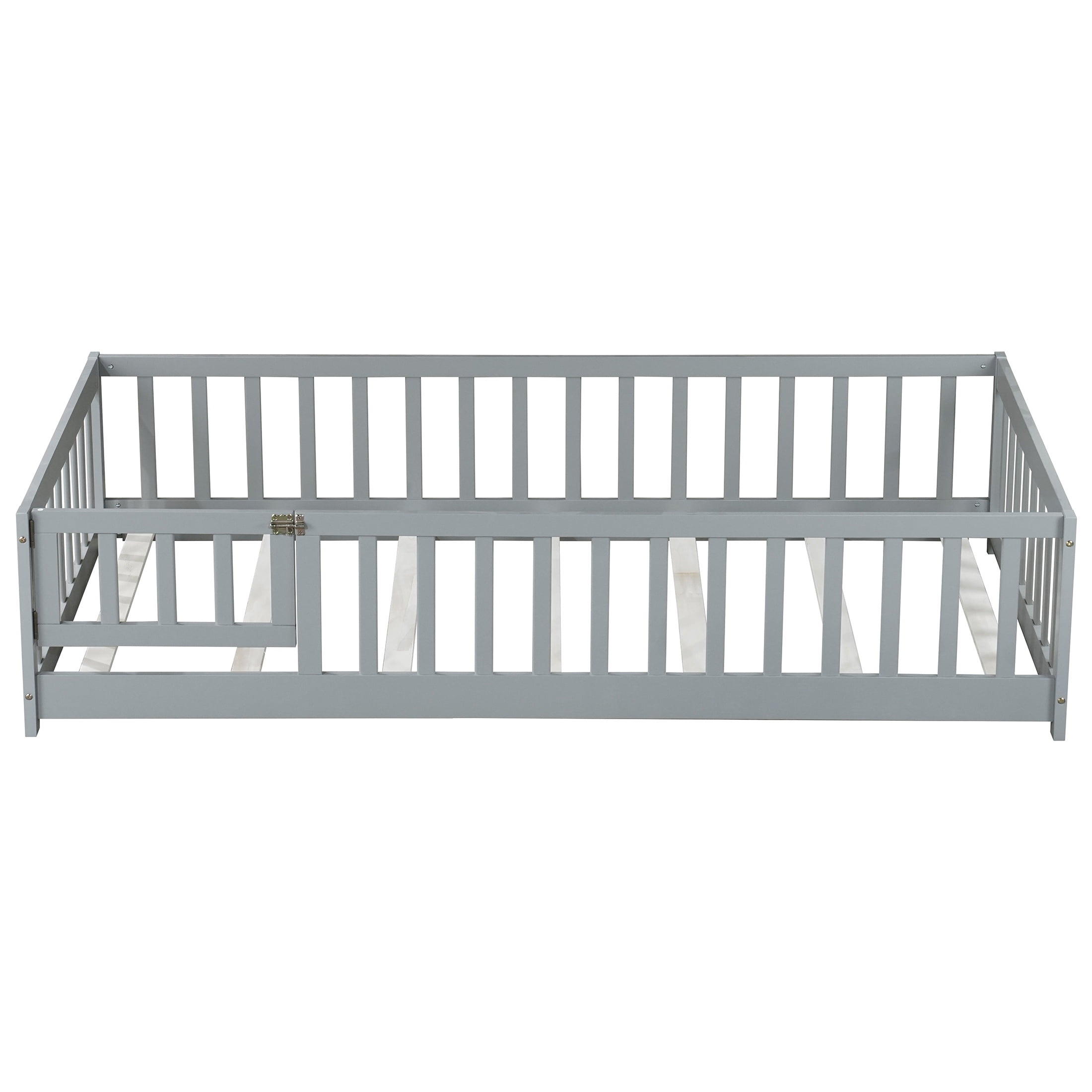 Sesslife Twin Size Floor Bed with Door and Fence, Wood Floor Platform Bed with Slats, Montessori Bed for Boys Girls, No Box Spring Needed, Grey