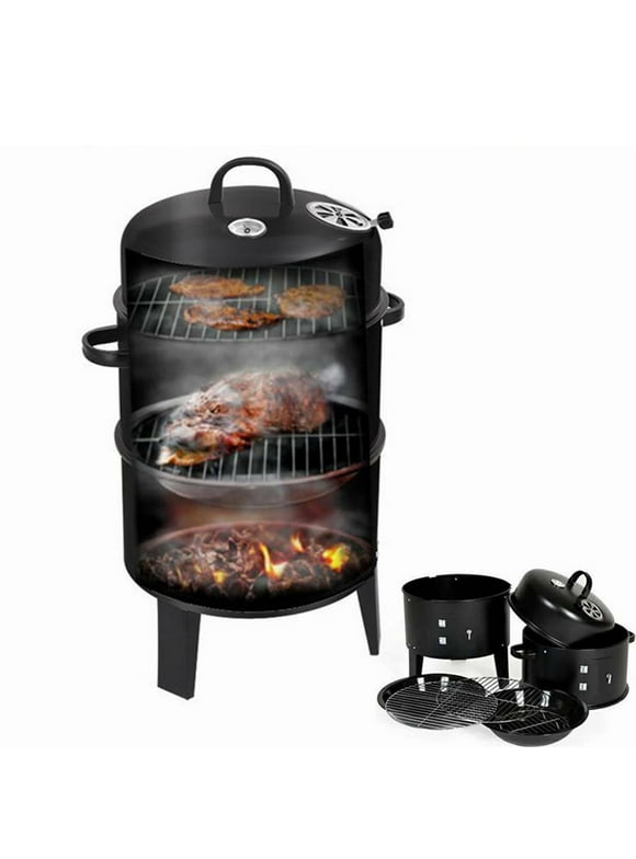 3-in-1 Vertical Charcoal Smoker Grill 3-Tier Smoker Barbeque Grill Round BBQ Grill Suitable for Outdoor Backyard Cooking Camping Hiking Hunting Family Party