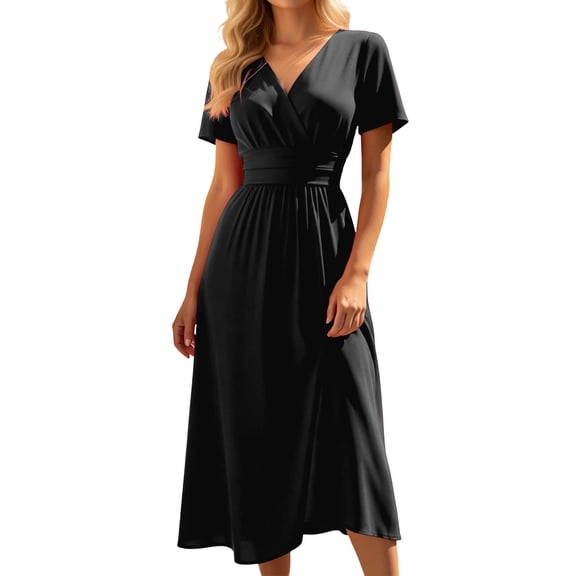 Casual Summer Dresses for Women Short Sleeve V Neck Solid Color Flowy Midi T Shirt Dress Black L