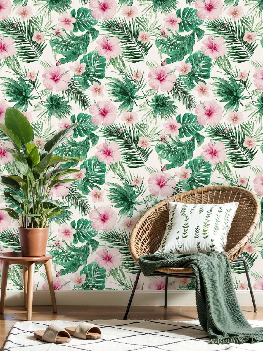 Peel and Stick Wallpaper Tropical Hibiscus Palm Leaf Pink Green Wall Mural 17.7in x 9.8ft Self Adhesive Removable Wall Paper Renter Friendly Wallpaper for Nursery Bedroom Cabinets