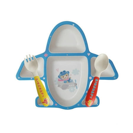 CreativeArrowy 3 Pcs Bamboo Fiber Airplane Shape Plate Eating Bowl Fork Spoon Set Baby Tableware for Children