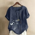 thumbnail image 2 of Feancey Linen Blouses for Women Boho Floral Shirts Button Casual Plus Size Blouse Roll Up Short Sleeve Loose Tunic Tops Summer Vacation Tshirt Navy 5XL, 2 of 5