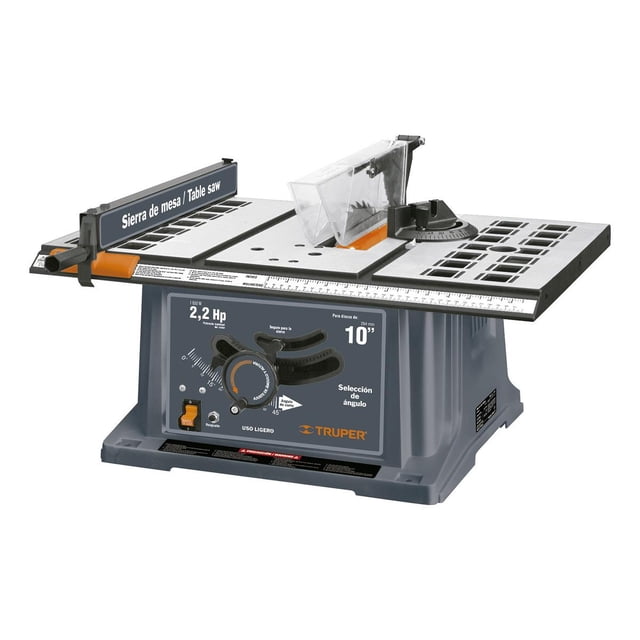sierra de mesa truper 10 de 2.2 hp sme-10 mesa de corte compacta amarillo y gris, vista frontal con disco de 10" y protector transparente, perilla central para selección de ángulo, escala de inglete hasta 60° izq./der., superficie de aluminio fundido graduada en mm y pulgadas, guía de inglete lateral y base con ranuras; adecuada para uso ligero y a menudo usada para preparar piezas pequeñas en proyectos de carpintería hobby.