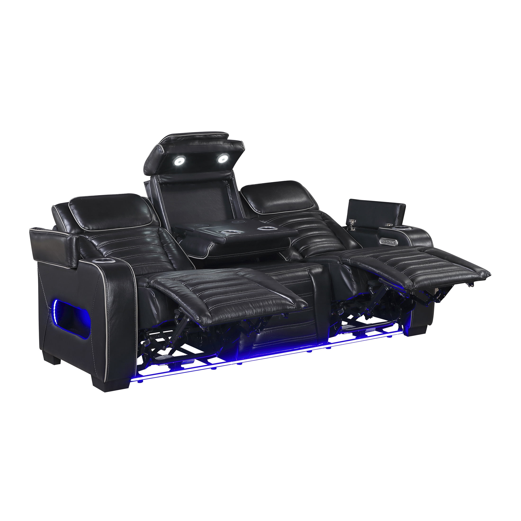 OakvillePark Elantra Leather Match Power Double Reclining Sofa with Center Drop-Down Cup Holder/Power Headrests/Storage Arms/Reading Lights/Wireless Charger/Air Massage/Heat/LED Lighting, Black