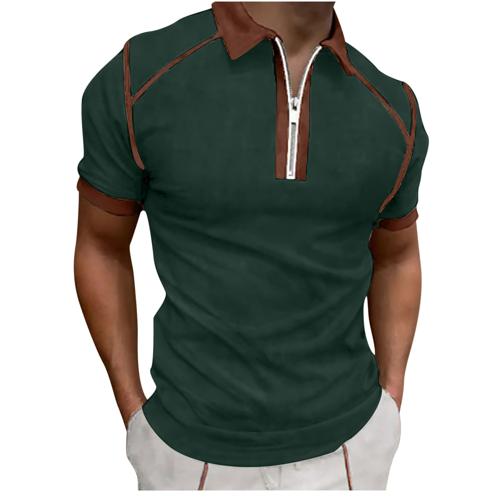 RYRJJ Men's Classic Short Sleeve Polo Shirt Zip Up Casual Summer Slim Fit T- Shirts Raglan Sleeve Workout Golf Tees Tops(Green,XXL)