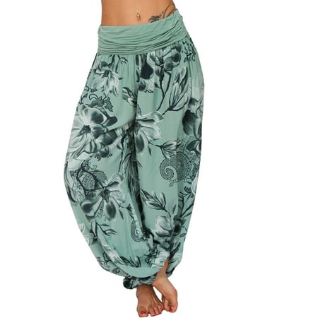 

Women s Flowy Boho Pants - Loose Yoga Harem Joggers - Casual Bohemian Hippie Palazzo Lounge Comfy Elephant Pajama CHMORA(Green XL)