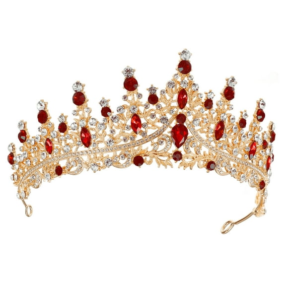 Women Faux Crystal Queen Crowns Tiara Princess Rhinestone Tiaras Party Cosplay Gold Tone Red