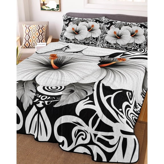Black White Spring Floral Full Size Down Alternative Comforter, Lightweight Comforter Quilt Bedding Set with Pillow Shams Summer Botanical Modern All Seasons Bed Comforter Duvet Insert 78"x90"