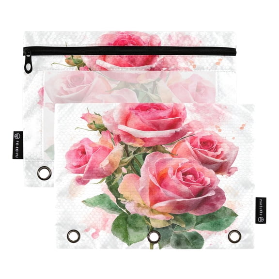 2 Pack 3 Ring Binder Pouch with Clear PVC Window Water Resistant Zipper Pencil Pouch Romantic Roses Binder Pocket for Classroom Office Home Stationery Organization