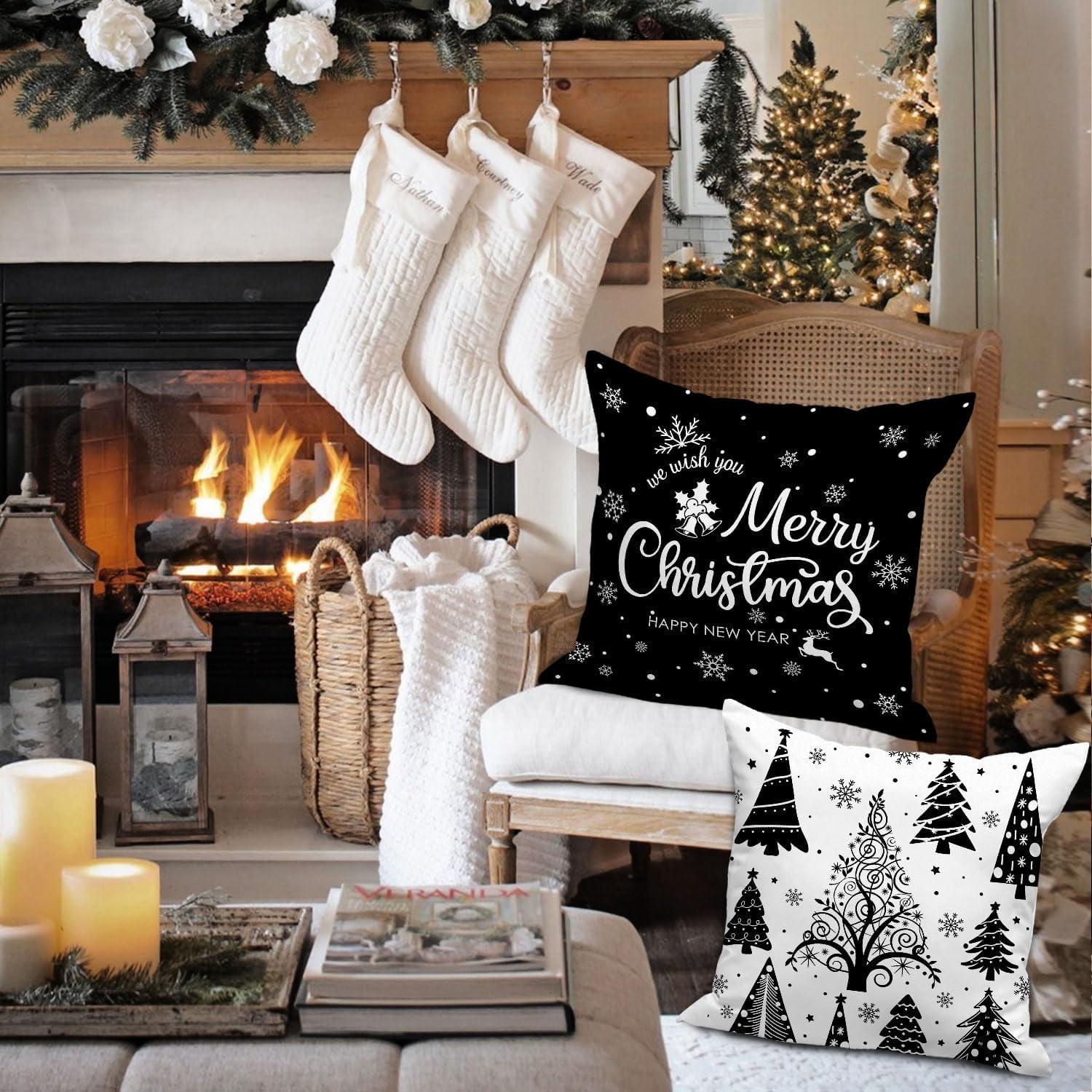 Christmas Throw Pillow Covers 16x16 4 pcs, Black White Merry Christmas Xmas Winter Snowflake Decorative Holiday Cushion Pillow Cases 16 x 16 Indoor Farmhouse Home Room Couch Sofa Decor