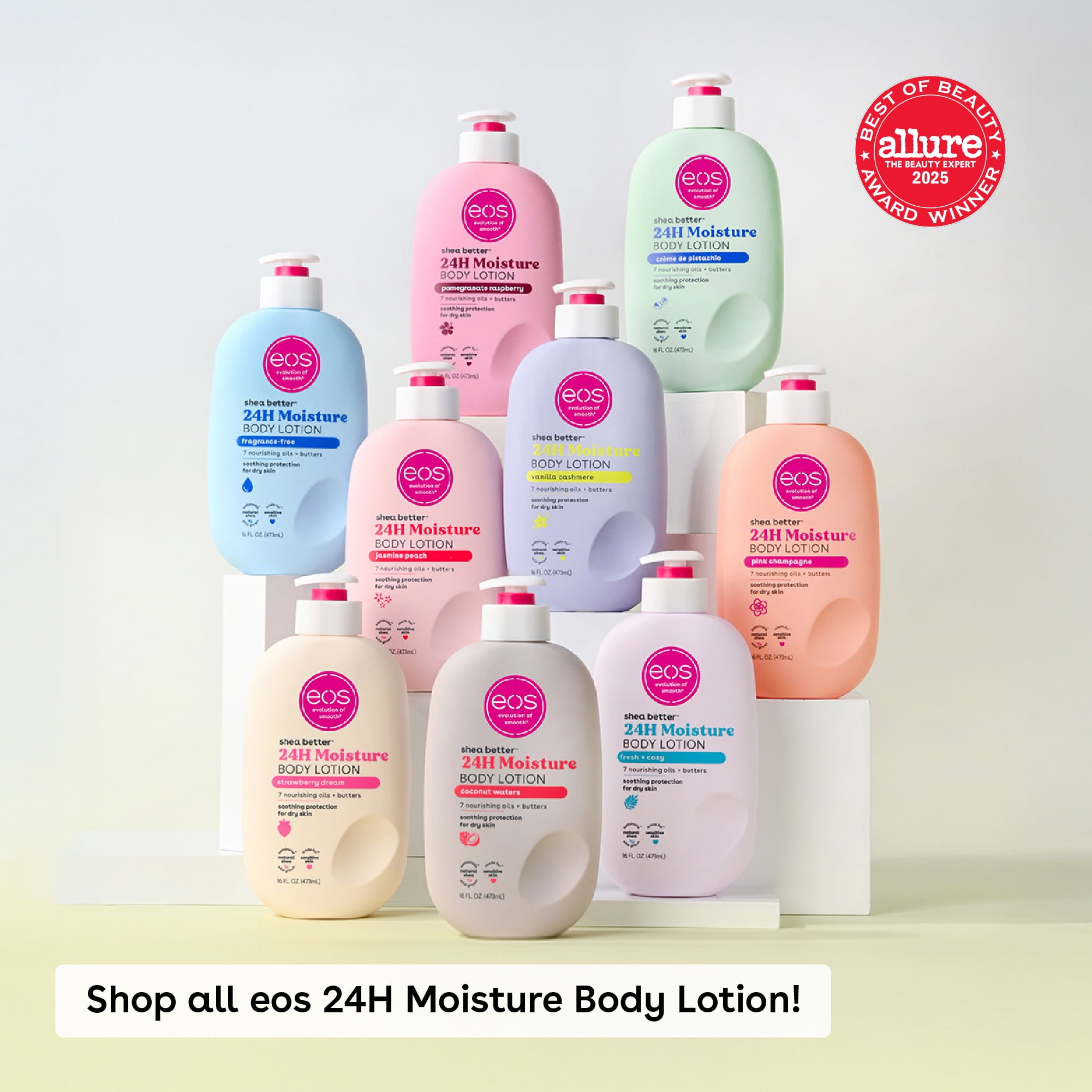 eos Shea Better Loción Corporal Hidratante 24H, Vainilla Cashmere, para Piel Seca, 16 fl oz