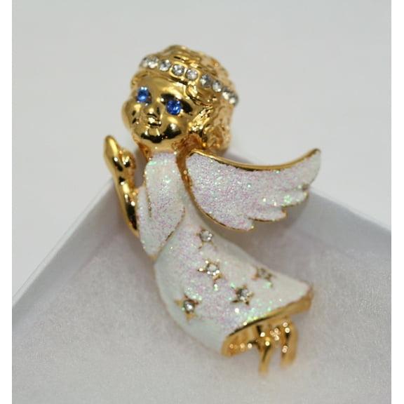 Just Love Jewels  Angel Brooch Pin, Rhinestone Angel with Halo Glitter White Dress Wings Brooch