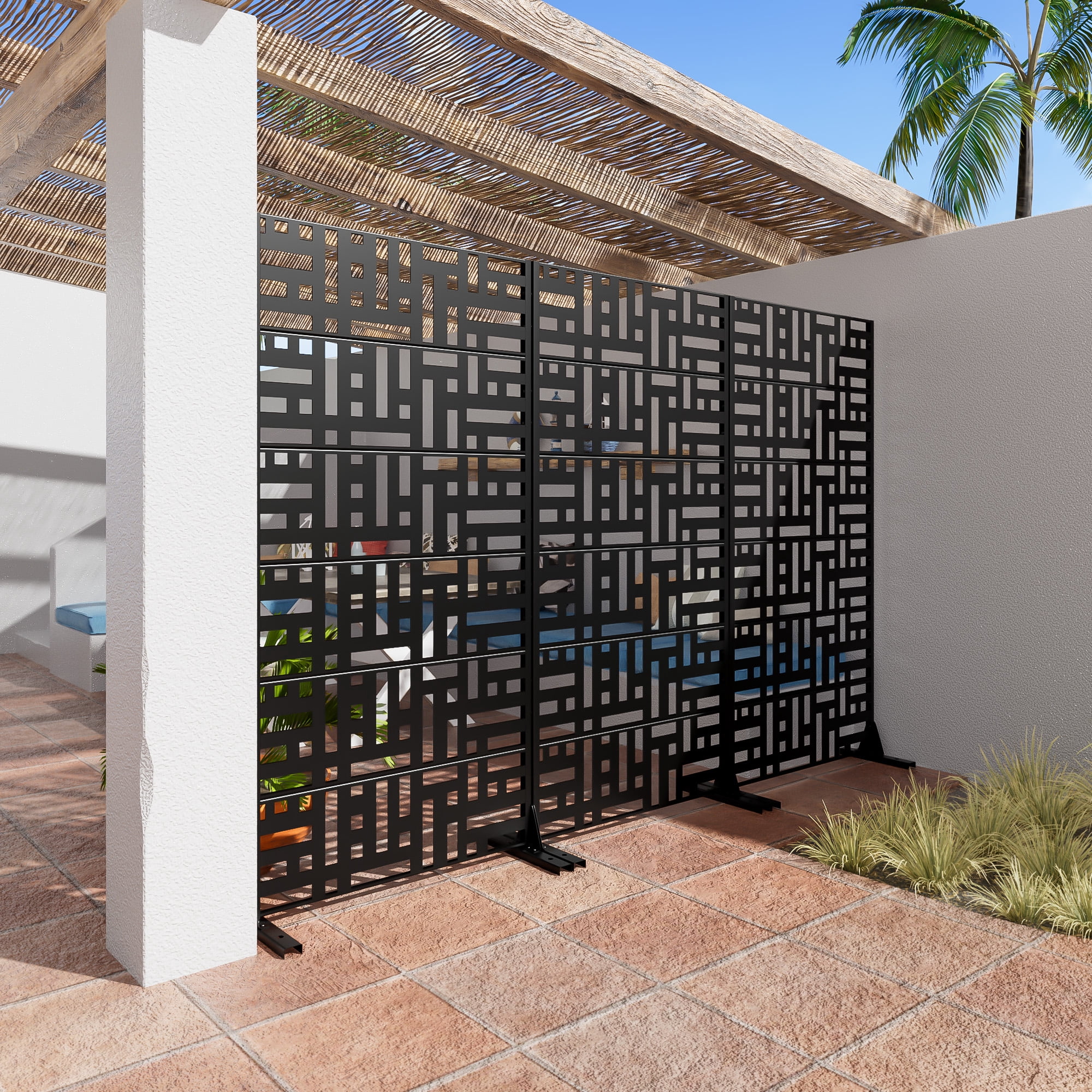 MAYEERTY 72 × 35in Outdoor Privacy Screen with Stand Metal Balcony Decorative Screen, Black