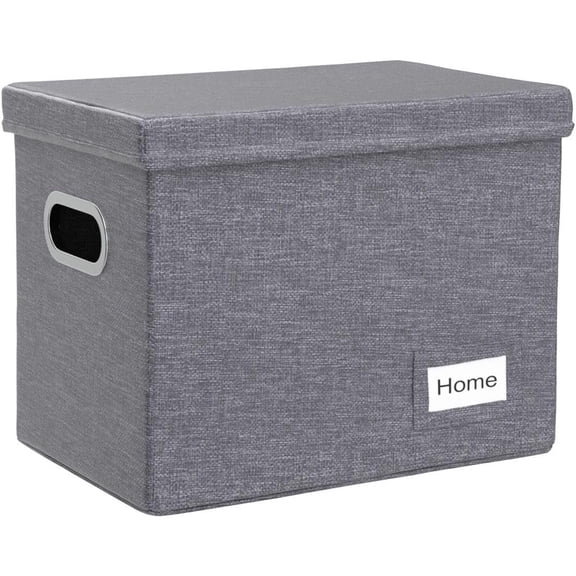 Organizer Box - Set of 1 Collapsible Decorative Linen Filing Storage Hanging File Folders with Lids Office Cabinet Letter Size Grey (14x9.3x10.8 inch)