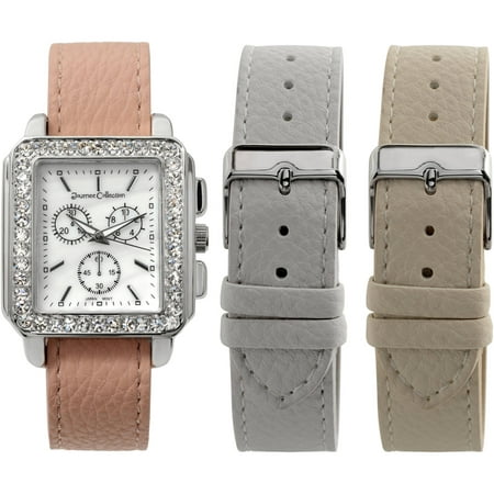 Journee Collection Women's Rhinestone Paved Square Face Interchangeable Strap Fashion Watch Set, Pink/Silver