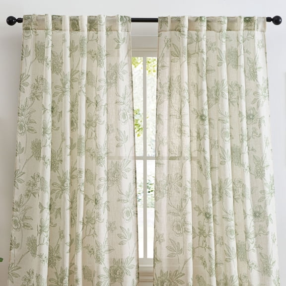THD Brook Linen Floral Patterned Curtains - Back Tab Pocket Window Curtains Panels, Set of 2