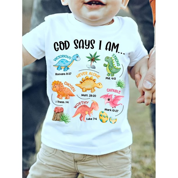 MILKYSHIP Boys' Dinosaur-Themed "God Says I Am" T-Shirt - Colorful & Educational Short Sleeve Casual Top, 100% Cotton, Summer Wear, Dinosaur Clothes