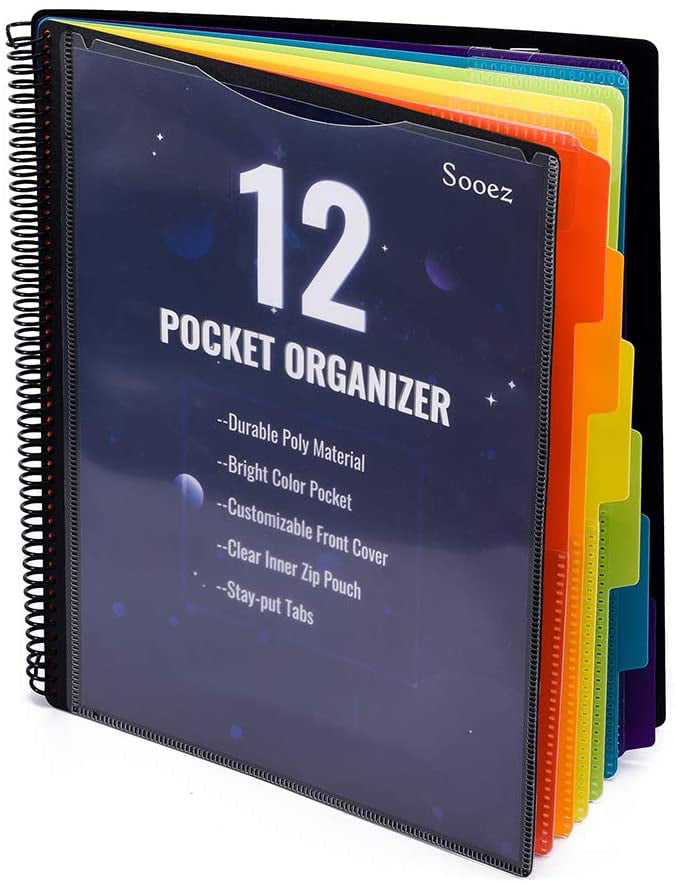 12 Pocket Poly Project Organizer with 6 Dividers,Letter Size Project Binder Folder,1/6-Cut Tab,Bright Color Folder Organizer with Black Cover 